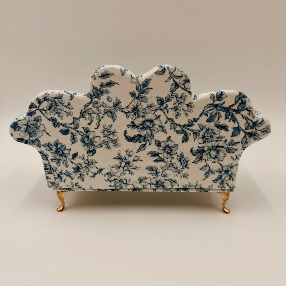 Blue White Floral Toile Sofa Jewelry Box‎ Heart Back Miniature Couch Mothers Day